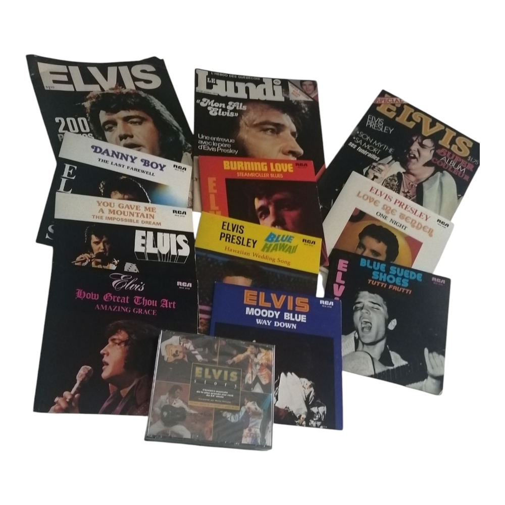 Elvis Presley Collection: 2 news CDs, 3 magazines and 8 small vinyl records